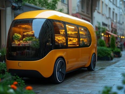 an-autonomous-delivery-vehicle-in-vibrant-yellow-parked-on-a-lively-city-street-offering-fresh-produce-while-surrounded-by-outdoor-cafes-and-blooming-flowers-photo