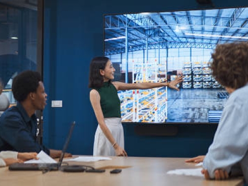 Group of gen z multiethnic businesspeople team meeting discussion in corporate office meeting room, presentation on TV screen. Workplace diversity, work life, team building, business people lifestyle